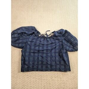 Madewell Hopewell Puff-Sleeve Crop Top in Blue Plaid XS Festival‎